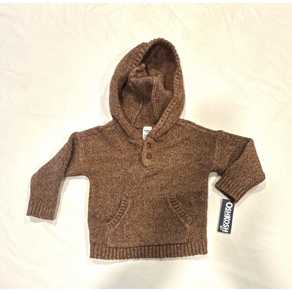 OshKosh B'gosh Hooded Brown Knit Pullover Sweater Pouch Pocket Solid 18M